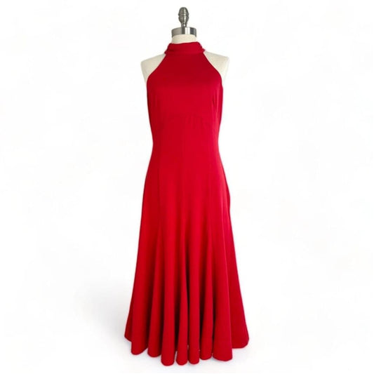 Maeve Anthropologie Halter Flounced Midi Dress Red Womens Size M Petite New