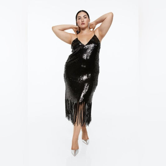 H&M Women’s Sequined Slip Midi Dress Black Fringe XL NWT